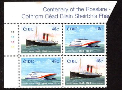 2006 Ireland Centenary of the Rosslare-Fishguard Ferry Service Commemorative Stamps Plate Block 1A1A1A1A Mint Never Hinged (MNH)