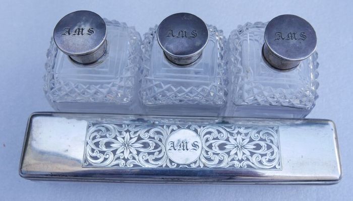 Victorian Sterling Silver Birmingham, Chester Hallmarked Antique Silver Lidded Cut Glass Dressing Table Set of Scent Bottles and Trinket Box