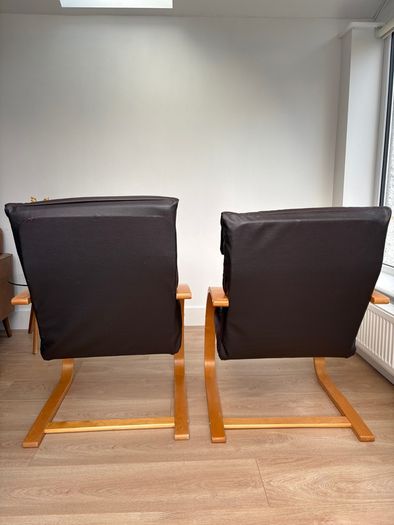 Set of 2 Brown leather and wood Bent Wood Easy Chairs and matching footstools