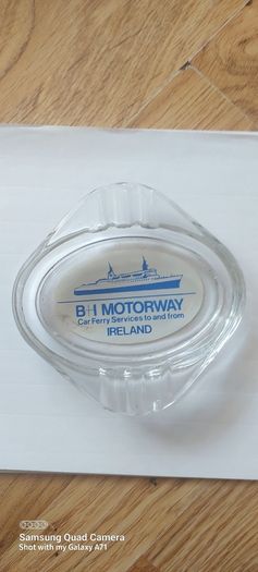 B + I motorway car ferry service to and from Ireland ,glass ashtray,,a slight little chip ,underneath one edge ,,very small,see pictures for condition,,price includes post to anywhere in ireland,,thank you, take as is