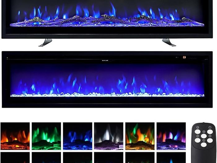 Electric Fire Wall Mounted/Recessed/Freestanding 127cm Electric Fireplace with Remote & Touch Screen Control 12 LED Color Flame Effect, 2 Heat Settings 900W&1800W, Crystal & Log Set