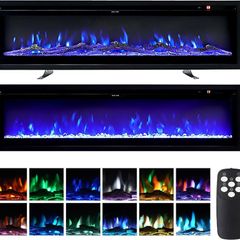Electric Fire Wall Mounted/Recessed/Freestanding 127cm Electric Fireplace with Remote & Touch Screen Control 12 LED Color Flame Effect, 2 Heat Settings 900W&1800W, Crystal & Log Set