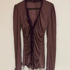Chip Chip Ruched Lace Top Brown Sheer Long Sleeve Size M Y2K Style
