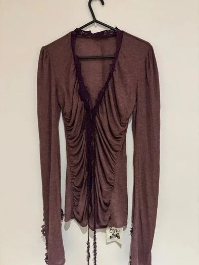 Chip Chip Ruched Lace Top Brown Sheer Long Sleeve Size M Y2K Style