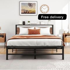 5ft King Metal Platform Bed Frame with Wooden Storage Shelf Headboard