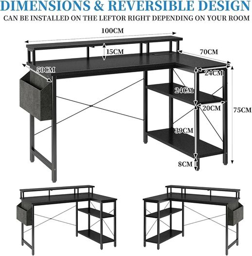 100cm Reversible L-Shaped Gaming Desk with Power Sockets & LED Lights, Carbon Fibre Computer Table with Long Monitor Stand, 2-Tier CPU Storage Shelves & Side Pouch, Black