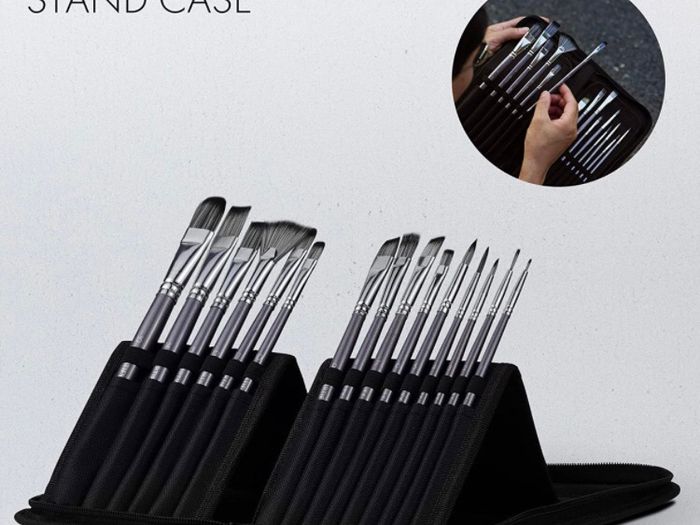 15 pcs Paint Brush Set for Acrylic Oil Watercolour Gouache Painting Includes Pop-up Carrying Case with Palette Knife and 2 Sponges