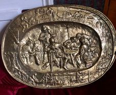 Pair Brass Plaques tavern scenes