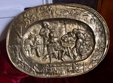 Pair Brass Plaques tavern scenes