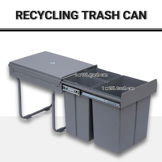40L Pull Out Kitchen Recycle Waste Bin with Soft Close Dustbin Recycling Cabinet Trash Can Grey (1x20L+2x10L))