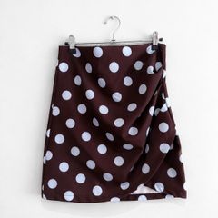 New Get That Trend Brown & Blue Polka Dot Ruched Mini Skirt