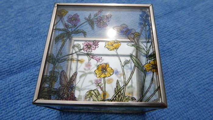 Vintage Hand Painted Waterside Flowers R Stained Glass Mirror Box