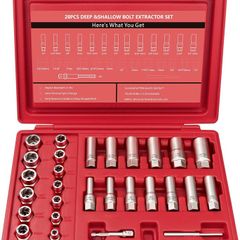 28Pcs Deep Bolt Extractor Set, with 3/8" Drive, Ez Out Broken Bolt Remover Kit, Spark Plug Extractor Socket Set, Easy Out Stripped Lug Nut Removal Tool for Removing Rounded, Rusted Bolts, Nuts (Red)
