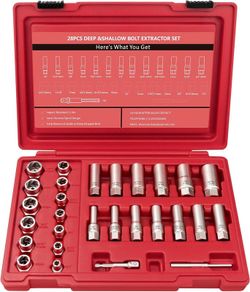 28Pcs Deep Bolt Extractor Set, with 3/8" Drive, Ez Out Broken Bolt Remover Kit, Spark Plug Extractor Socket Set, Easy Out Stripped Lug Nut Removal Tool for Removing Rounded, Rusted Bolts, Nuts (Red)