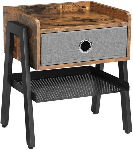 _Bedside Tables, Industrial Nightstand, End Table with Removable Fabric Drawer, Mesh Shelf, Metal Frame, for Living Room, Bedroom, Balcony, Rustic Brown