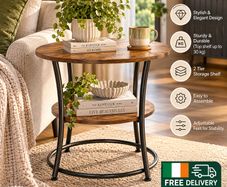 Round Industrial Side Table with 2 Tier Storage Shelf Vintage Brown & Black