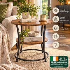 Round Industrial Side Table with 2 Tier Storage Shelf Vintage Brown & Black