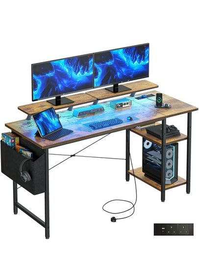 Gaming Desk with LED Lights & Power Outlets, Reversible