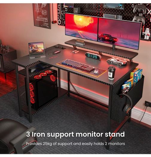 L Shaped Gaming Desk with LED Lights & Power Outlets, 100x80cm