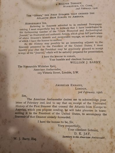 The History Of The "sirius" The Firtst Steamer That Crossed The Atlantic By William J Barry. Vintage  1906.