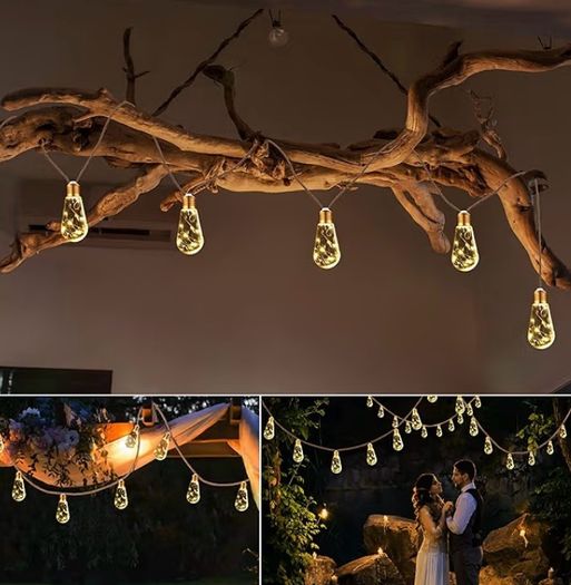 Solar Outdoor Hemp Rope String Lights - 8M 160 LED Waterproof Festoon with 16 Shatterproof Bulbs for Garden, Patio, Party, Yard, Xmas Decoration (Warm White)