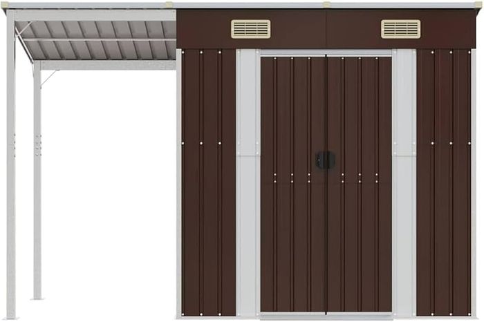 Garden Shed, Outdoor Storage Shed with Extended Roof, Tool Shed for Lawn Garage Yard, Metal Garden Storage Unit, Brown Steel