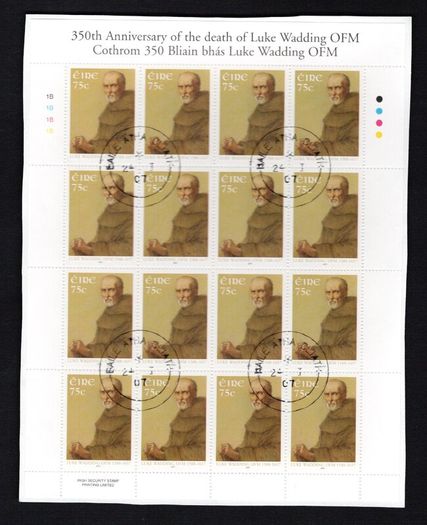 2007 Ireland 350th Death Anniversary of Father Luke Wadding (Theologian) Stamp Sheetlet Plate 1B1B1B1B Fine Used with Dublin cancel of 24th January 2007(First day of issue)