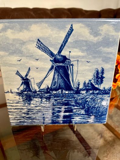 Vintage Handpainted Delft Blue Tile with Windmill and Boats Cottage Farmhouse Decor