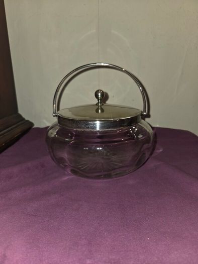 Antique Crystal Cut Glass Biscuit barrel with silver lid