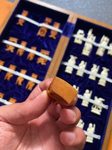 Vintage Chinese Bone Hand Carved Ivory Chess Set Hong Kong 1960s