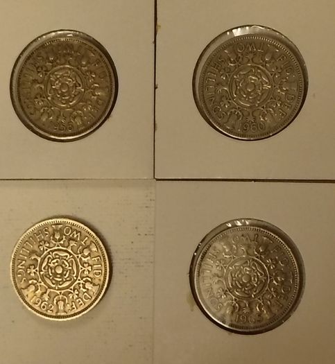 Four English 2 Shilling Coins 1956 to 1965