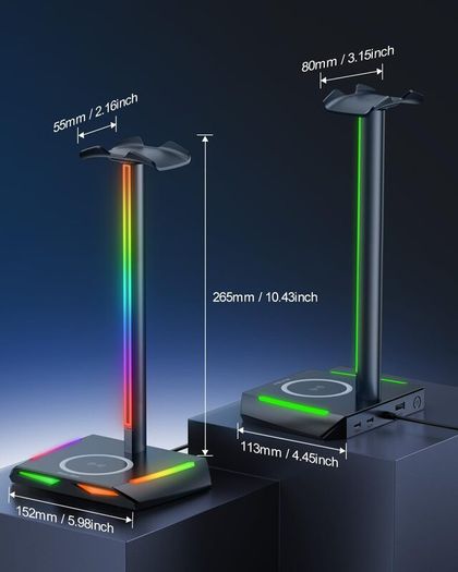 Headphone Stand RGB Headset Holder with Wireless Charger, Headset Stand Gaming Headphone Holder with 2 USB-C and 1 USB Charging Ports, 7 Light Modes and Non-Slip Rubber Base (Black)