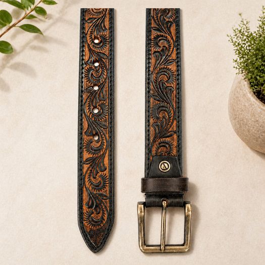 Unisex Genuine Leather Belt Vintage Embossed Design with Antique Buckle Casual & Formal Waist Belt