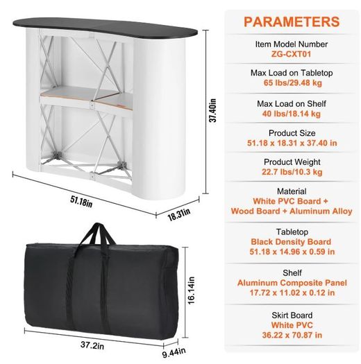 Portable Tradeshow Podium Table, 130 x 46,5 x 95 cm, Display Exhibition Counter Stand Booth Fair with Wall, Foldable Promotion Retail Bar Table Pop Up Podium with Storage Rack, Carrying Bag