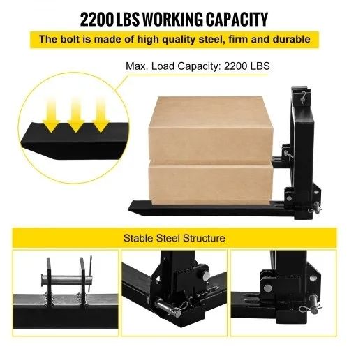 3 Point Hitch Pallet Fork 907.2 kg, Fork Attachment for Category 1 Tractor, 64.8x55.9x104.1 cm,