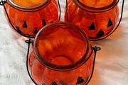 Set of 3 Halloween Orange Glass Pumpkin Tealight Candle Holders