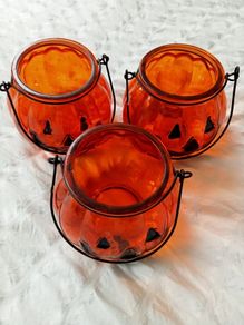 Set of 3 Halloween Orange Glass Pumpkin Tealight Candle Holders
