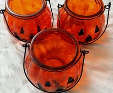 Set of 3 Halloween Orange Glass Pumpkin Tealight Candle Holders