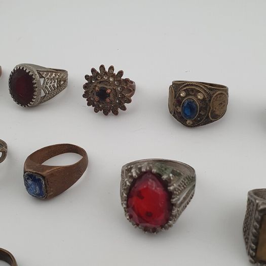 15 Antique Style Brass Rings Mixed Stone & Colourful Glass Accents