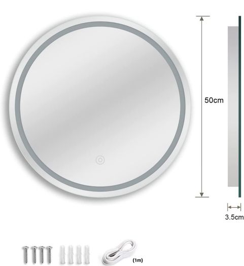 500mm Round LED Bathroom Mirror with Light, Wall Mounted Makeup Mirror with Cold White Light, Anti-Fog, IP44, Large Circle Mirror Backlit + Front Light (FREE POSTAGE)