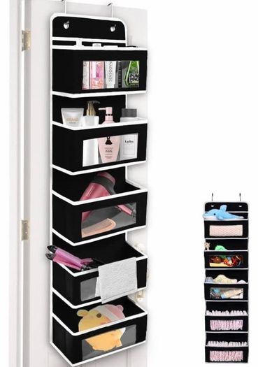 Hanging Storage Over Door Towel Wardrobe Wall Organiser for Toy Nursery Kitchen Bedroom Bathroom, Black/Grey 5 Pockets