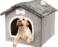 Foldable Dog House Kennel Bed | Enclosed Warm Plush Sleeping Nest Bed with Removable Cushion | Plush Pet House Dog Cat Kennel with Removable Cushion Suitable for Small and Medium-Sized Dogs