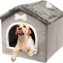 Foldable Dog House Kennel Bed | Enclosed Warm Plush Sleeping Nest Bed with Removable Cushion | Plush Pet House Dog Cat Kennel with Removable Cushion Suitable for Small and Medium-Sized Dogs