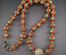 Vintage Venetian Style Orange Floral Glass With pumtek pyu Pendant Necklace
