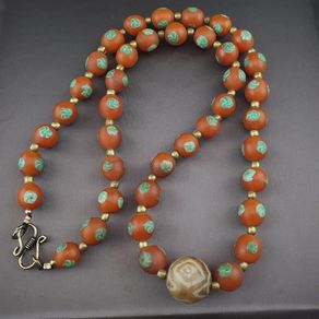 Vintage Venetian Style Orange Floral Glass With pumtek pyu Pendant Necklace