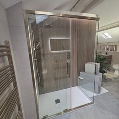 Crosswater optix 10 1400x800 brushed brass slider with side panel