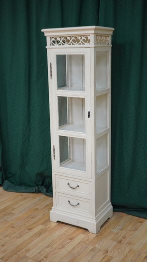 Slim Cream Glazed Display Cabinet with Drawers