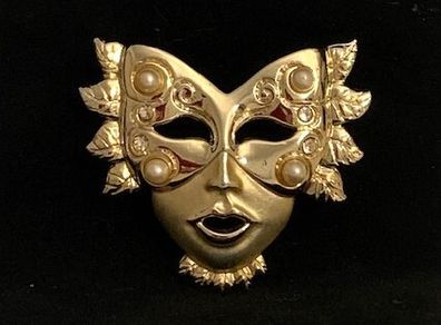 Vintage Gold-tone Venetian Mask Brooch 1980s