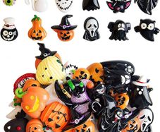 50PCS Assorted Halloween Craft Resin Ornaments Resin Flatback Halloween Craft Embellishment Resin Charms Wizard Pumpkin Ghost Spider Skull Castle Resin Charms for Craft Making