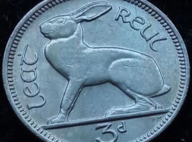[#343] - Ireland 1967 | Irish 3d | 3 Pence | Hare | KM.12a | UNC